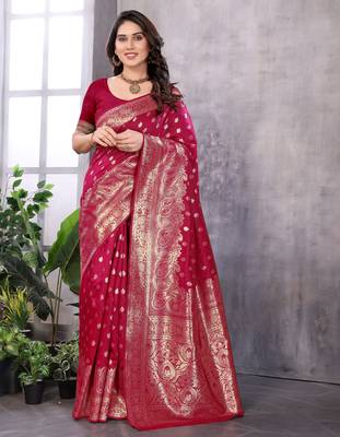 faux Kanjivaram banarasi jacquard silk blend saree with unstiched blouse piece 4