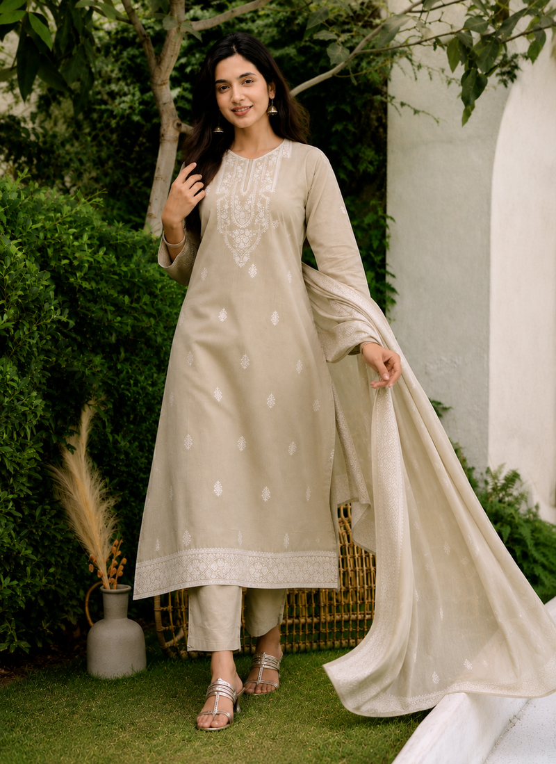 Crtx chiku brown jaquard pure cotton kurti with dupatta and pant