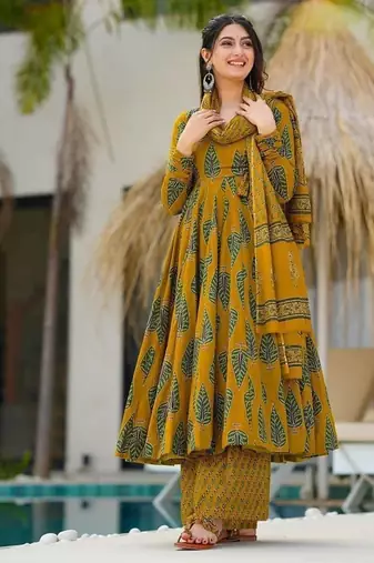 Festive wear mustard yellow & green ethnic printed muslin kurta palazzo set for women