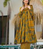 Festive wear mustard yellow & green ethnic printed muslin kurta palazzo set for women