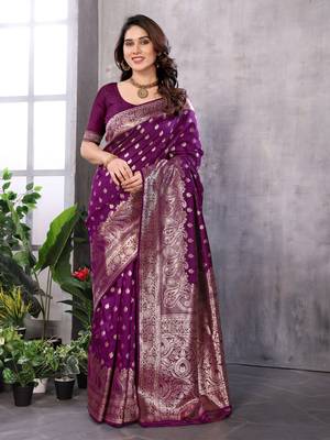 faux Kanjivaram banarasi jacquard silk blend saree with unstiched blouse piece 1