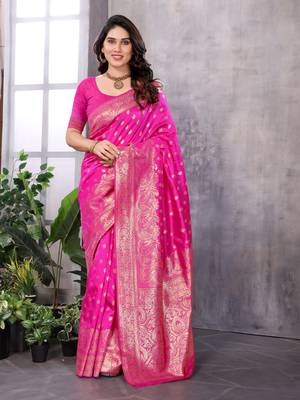 faux Kanjivaram banarasi jacquard silk blend saree with unstiched blouse piece 1