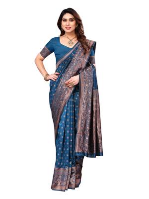faux Kanjivaram banarasi jacquard silk blend saree with unstiched blouse piece 1