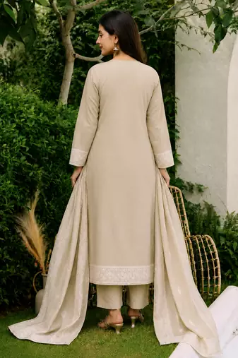 Crtx chiku brown jaquard pure cotton kurti with dupatta and pant