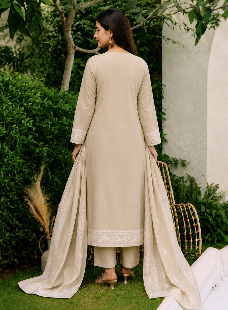 Crtx chiku brown jaquard pure cotton kurti with dupatta and pant