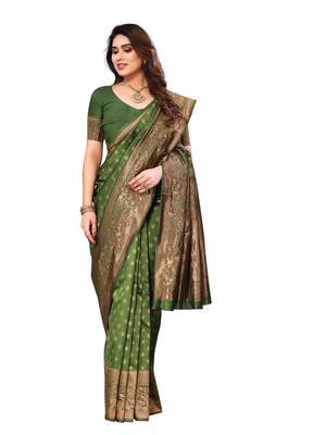 faux Kanjivaram banarasi jacquard silk blend saree with unstiched blouse piece 4