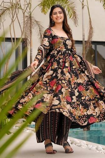 Designer black floral printed mul cotton flared kurta set with palazzo pants and dupatta