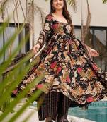 Designer black floral printed mul cotton flared kurta set with palazzo pants and dupatta