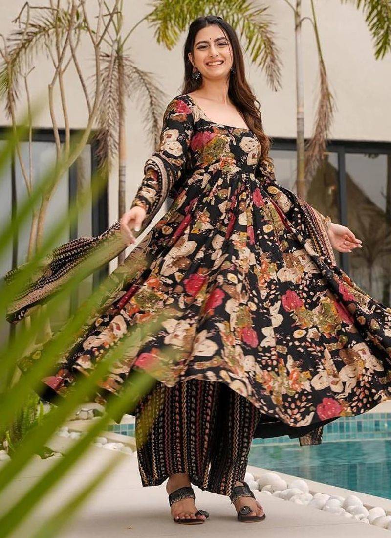 Designer black floral printed mul cotton flared kurta set with palazzo pants and dupatta