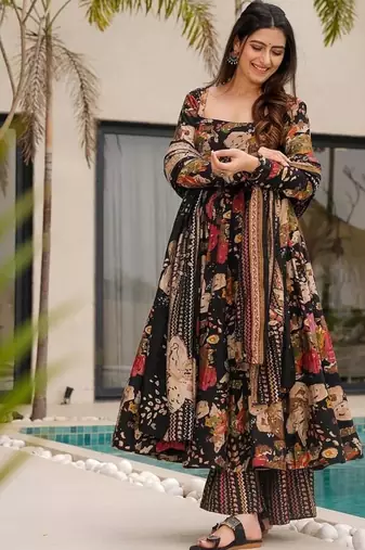 Designer black floral printed mul cotton flared kurta set with palazzo pants and dupatta