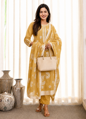 Crtx light yellow jaquard pure cotton kurti with dupatta and pant 1