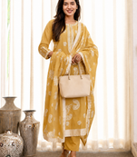 Crtx light yellow jaquard pure cotton kurti with dupatta and pant