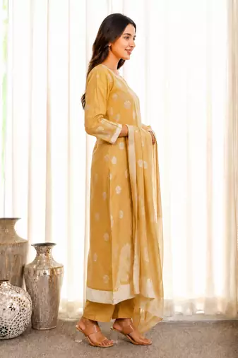 Crtx light yellow jaquard pure cotton kurti with dupatta and pant