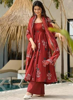 Maroon ethnic printed mul cotton a-line kurta set with palazzo and dupatta for women 1