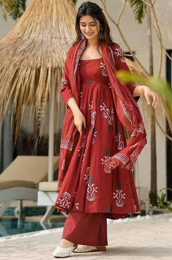 Maroon ethnic printed mul cotton a-line kurta set with palazzo and dupatta for women