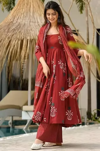 Maroon ethnic printed mul cotton a-line kurta set with palazzo and dupatta for women