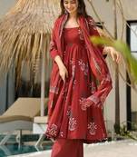 Maroon ethnic printed mul cotton a-line kurta set with palazzo and dupatta for women