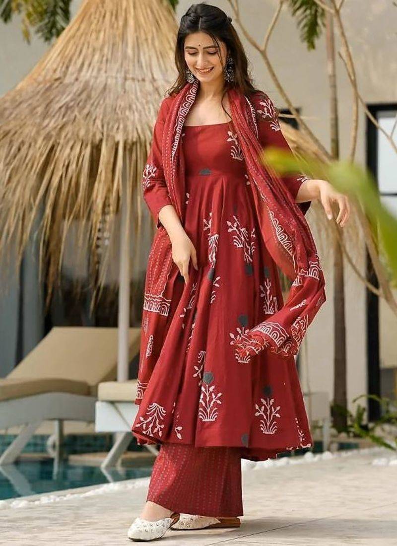 Maroon ethnic printed mul cotton a-line kurta set with palazzo and dupatta for women