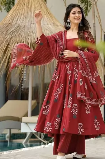 Maroon ethnic printed mul cotton a-line kurta set with palazzo and dupatta for women