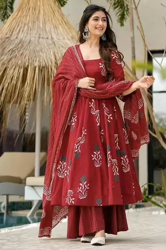 Maroon ethnic printed mul cotton a-line kurta set with palazzo and dupatta for women