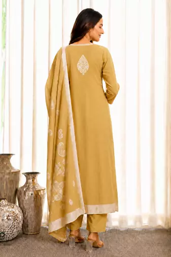 Crtx light yellow jaquard pure cotton kurti with dupatta and pant