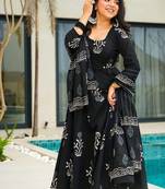 Festive wear black ethnic print mal cotton kurta palazzo set for women