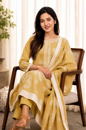Crtx light yellow jaquard pure cotton kurti with dupatta and pant