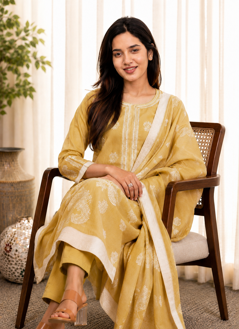 Crtx light yellow jaquard pure cotton kurti with dupatta and pant