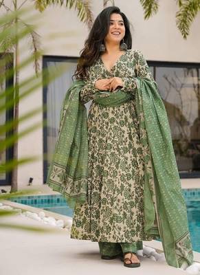 Women's cream & green floral printed mul cotton anarkali kurta set with palazzo and dupatta 1
