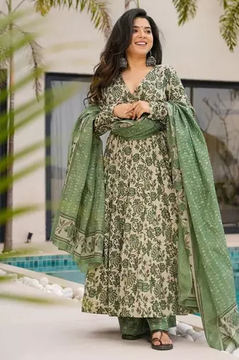 Women's cream & green floral printed mul cotton anarkali kurta set with palazzo and dupatta