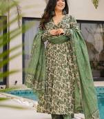 Women's cream & green floral printed mul cotton anarkali kurta set with palazzo and dupatta
