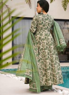 Women's cream & green floral printed mul cotton anarkali kurta set with palazzo and dupatta 2
