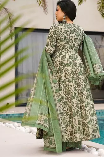 Women's cream & green floral printed mul cotton anarkali kurta set with palazzo and dupatta