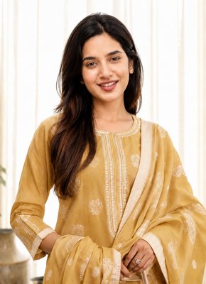 Crtx light yellow jaquard pure cotton kurti with dupatta and pant 5