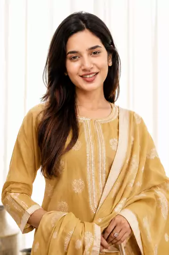 Crtx light yellow jaquard pure cotton kurti with dupatta and pant