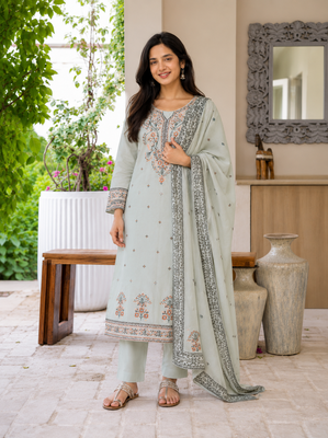 Crtx grey jaquard pure cotton kurti with dupatta and pant 1