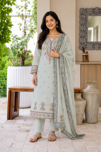  grey jaquard pure cotton kurti with dupatta and pant