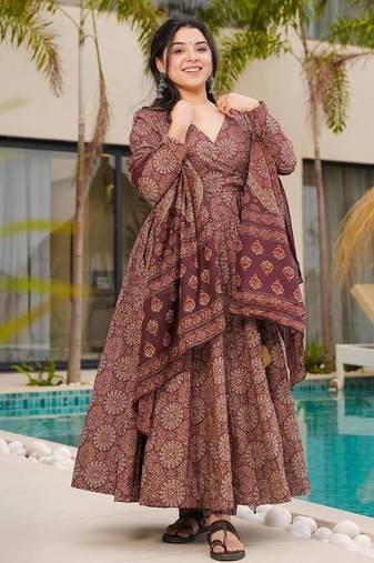 Elegant brown floral printed mul cotton anarkali suit set with matching dupatta
