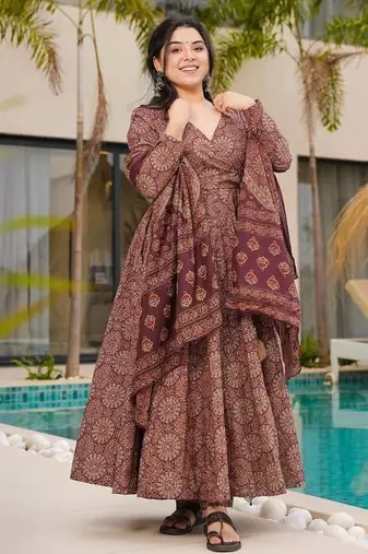 Elegant brown floral printed mul cotton anarkali suit set with matching dupatta