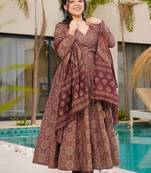 Elegant brown floral printed mul cotton anarkali suit set with matching dupatta