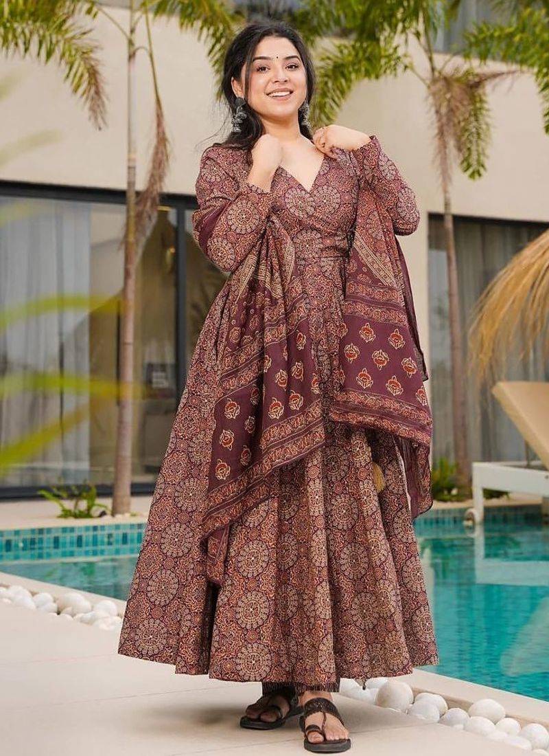 Elegant brown floral printed mul cotton anarkali suit set with matching dupatta