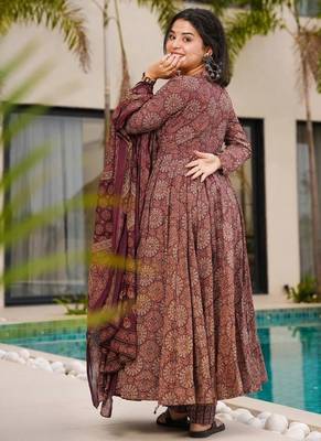Elegant brown floral printed mul cotton anarkali suit set with matching dupatta 2