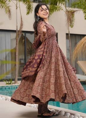 Elegant brown floral printed mul cotton anarkali suit set with matching dupatta 3