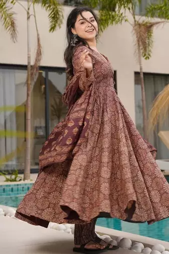 Elegant brown floral printed mul cotton anarkali suit set with matching dupatta