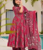 Rani pink floral printed mul cotton a-line kurta set with palazzo and dupatta for women