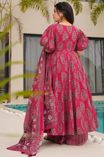 Rani pink floral printed mul cotton a-line kurta set with palazzo and dupatta for women
