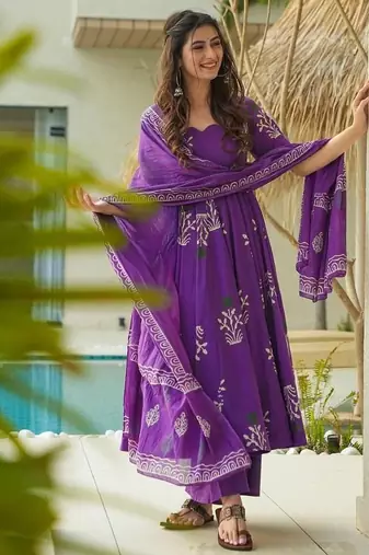 Women's violet designer printed mul cotton anarkali kurta set with dupatta