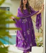 Women's violet designer printed mul cotton anarkali kurta set with dupatta