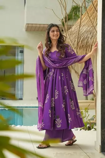 Women's violet designer printed mul cotton anarkali kurta set with dupatta
