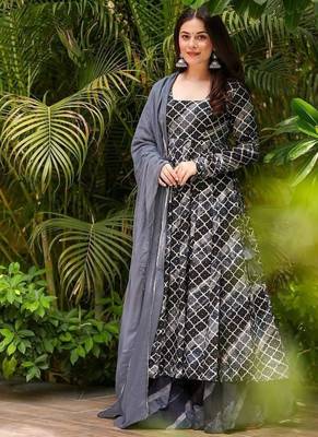 Festive wear grey ethnic printed pure muslin kurta palazzo set for women 1